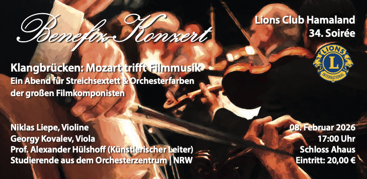 Beim 34. Schlosskonzert des LIONS-Club Hamaland wird von jungen Musikern eine Brücke von alter Musik zu aktueller Filmmusik geschlagen: „Mozart trifft Filmmusik“